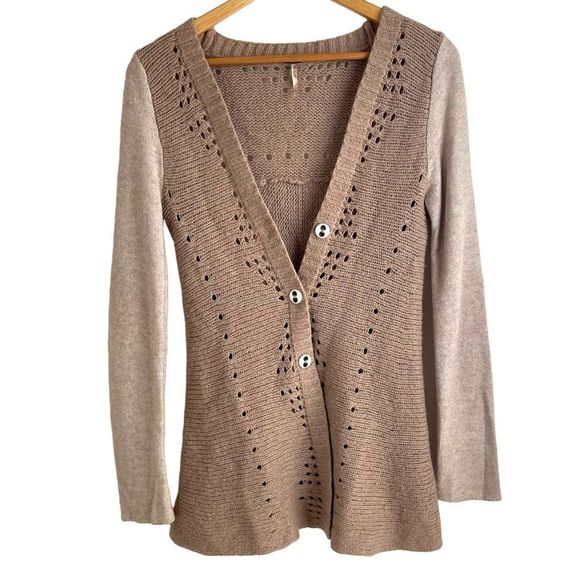 Free People Sweaters - Free People Tan Wool Blend Lace Inset Cardigan Sweater Size XS